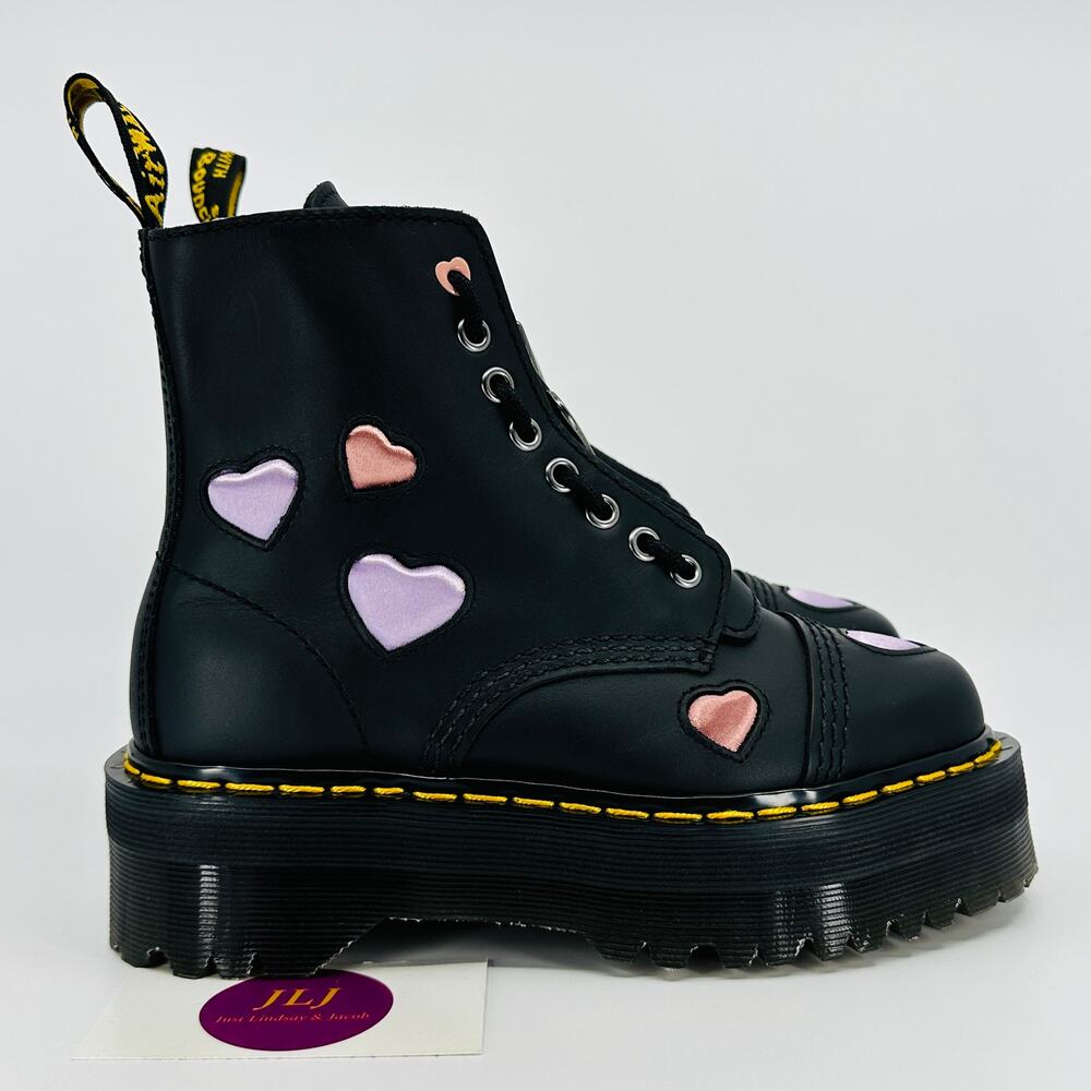 Dr. Martens Women's Sinclair Heart Black Leather Satin Platform Boots Size 5